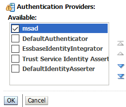WebLogic Server Administration Console, Providers > Authentication tab, focusing on a list of Authentication Providers available, with "msad" provider being moved to the top of the list, and the OK button highlighted.