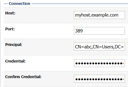 Connection section of the Provider Specific settings tab for the provider named "msad" in the security realm "myrealm"
