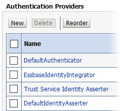 WebLogic Server Administration Console, Providers > Authentication tab, focusing on a list of Authentication Providers and the New button.