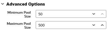 Advanced Options with Min Pool Size 5, Max Pool Size 50