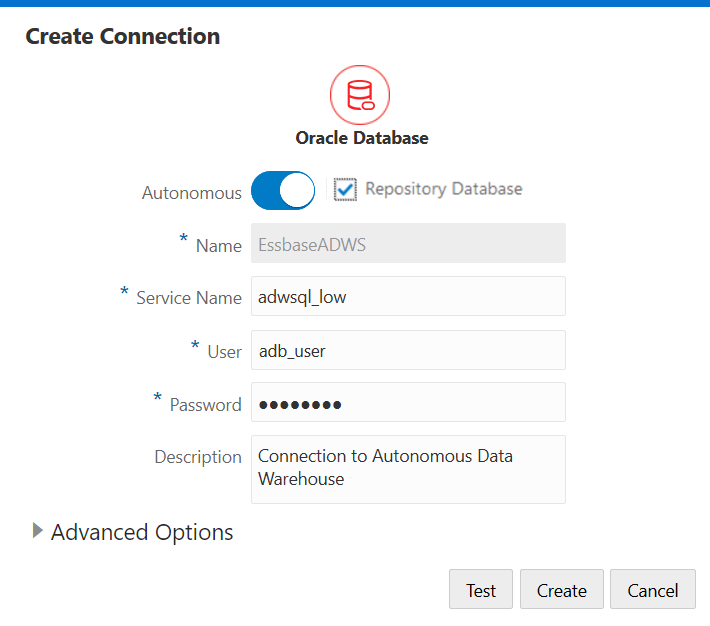 Image of the Create Connection dialog box, showing how to create a connection from Essbase to Oracle Autonomous Data Warehouse. Repository Database is checked. Name is EssbaseADWS. Service Name is adwsql_low. User is adb_user. Password is masked. Description reads: Connection to Autonomous Data Warehouse.