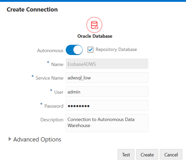 Image of the Create Connection dialog box, showing how to create a connection from Essbase to Oracle Autonomous Data Warehouse. Repository Database is checked, and the following path to the system wallet file in the repository database is displayed in the Wallet File field: /system/wallets/EssbaseADWS.