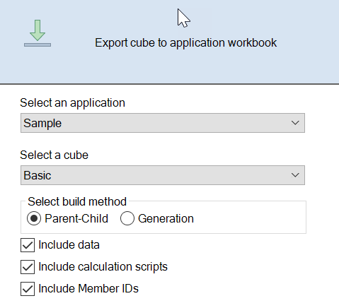 Image of the Export cube to application workbook dialog box.