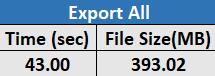 Image of the fifth table in the Essbase.Stats.Baseline sheet, showing export time and file size.