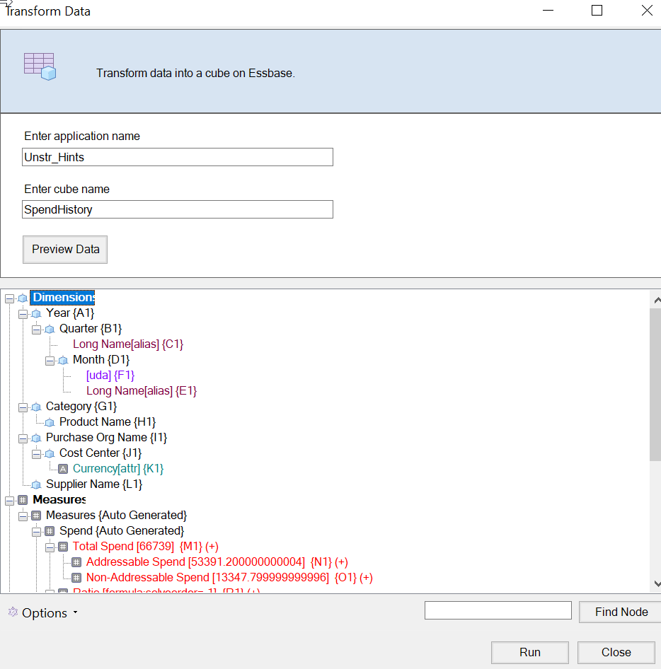 Image of the cube designer transform data dialog box.