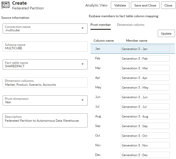 Federated partition definition with pivot member mapping shown in Essbase web interface
