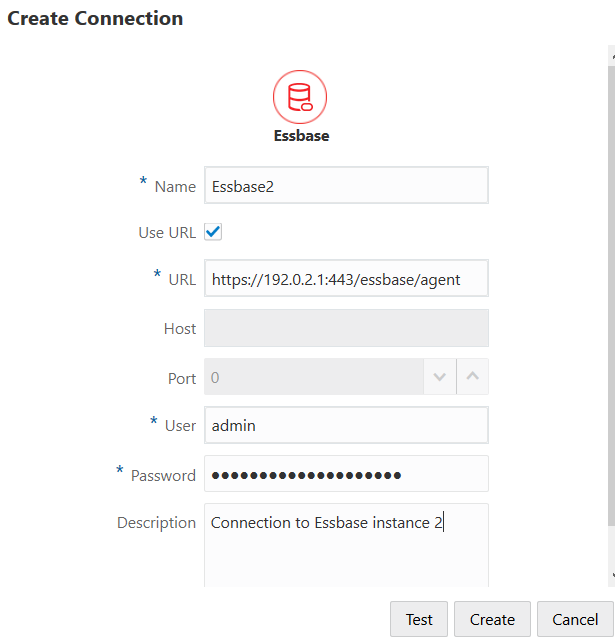 Create connection dialog for creating a connection to another Essbase instance. Name: Essbase2. Use URL is checked. URL is https://192.0.2.1:443/essbase/agent. Host and Port are blank because Use URL is checked. User: admin. Password (obscured). Description: Connection to Essbase instance 2