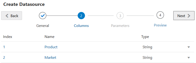 Create Datasource dialog, Columns step, for creating Datasource to another Essbase instance. Index 1: Name: Product, Type: String. Index 2: Name: Market, Type: String