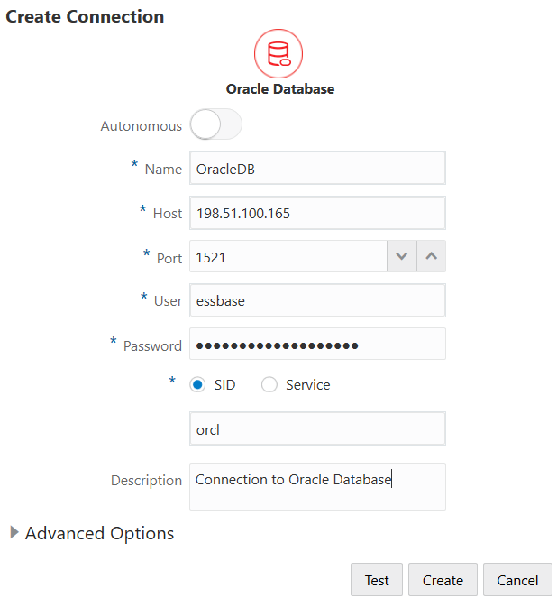 Create connection dialog for creating connection to Oracle Database. Name: OracleDB. Host: 198.51.100.165. Port: 1521. User: essbase. Password: (obscured). SID is checked and the value is orcl. Description: Connection to Oracle Database