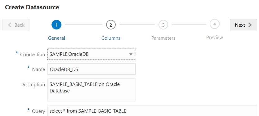 Create Datasource dialog, General step, for creating Datasource to Oracle Database. Connection: SAMPLE.OracleDB, Name: OracleDB_DS, Description: SAMPLE_BASIC_TABLE on Oracle Database, Query: select * from SAMPLE_BASIC_TABLE