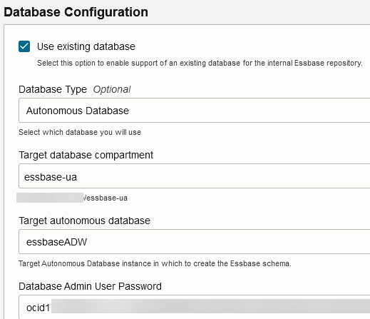 In Database Configuration screen of stack creation on OCI, Use existing database is checked, and the Autonomous Data Warehouse named essbaseADW is the target autonomous database.
