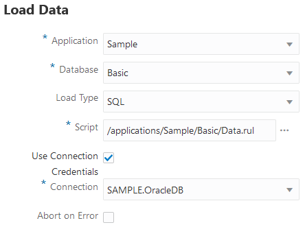 Image of the Load Data dialog box in Jobs, with Load Type of SQL selected for application Sample and database Basic. The rule file is entered for the Script field, with the path of /applications/Sample/Basic/Data.rul. The Use Connection Credentials option is checked. The connection being used is named SAMPLE.OracleDB.