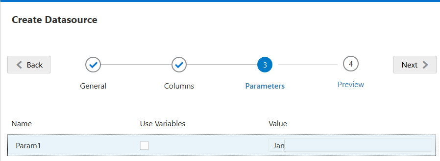 Image of the Parameters tab in the create Datasource wizard. Use Variables is unchecked, and the Value entered is Jan.