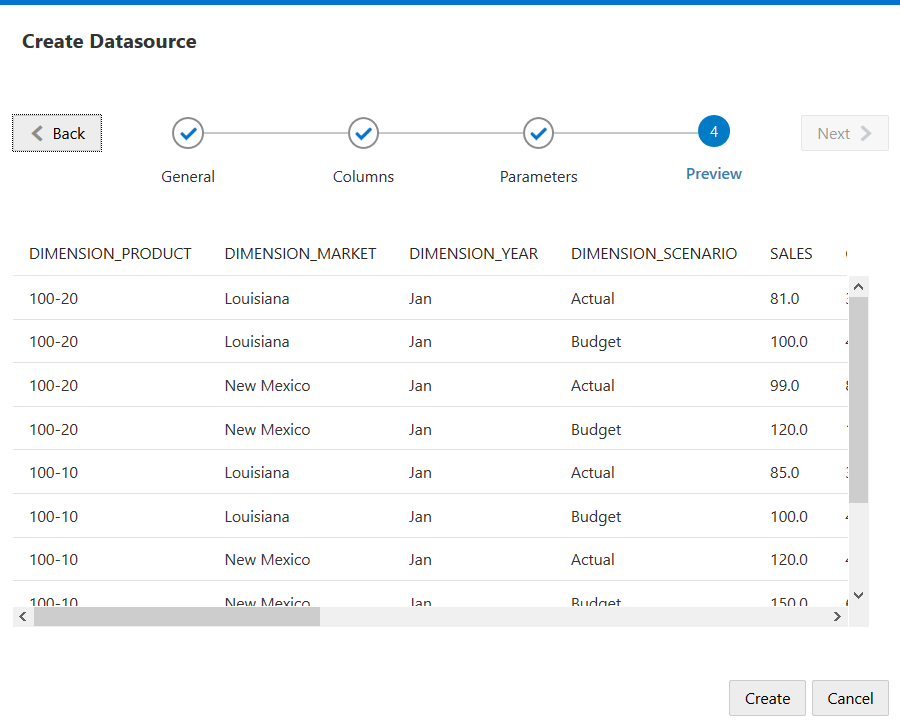 Image of the Preview tab in the create Datasource wizard, showing only records where DIMENSION_YEAR = Jan.