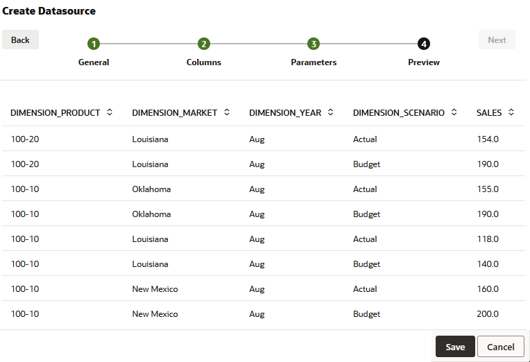 Image of the Preview tab in the create Datasource wizard, showing only records where DIMENSION_YEAR = Aug.