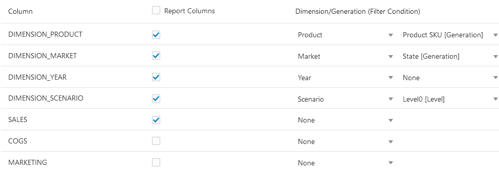 Image of the column mapping in Drill Through Report Wizard.