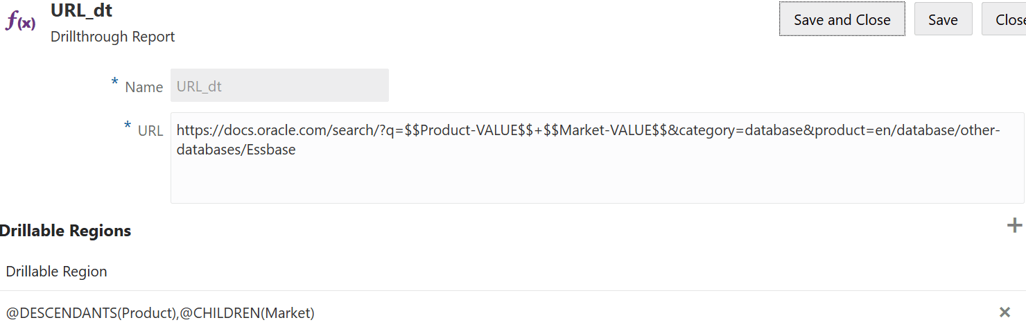 Image of a URL drill through definition with a URL pointing to the Essbase documentation, with variables for Product and Market.