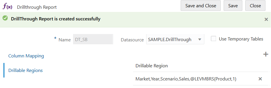 Image of the Drillable Regions tab in the drill through report wizard, with a drillable region defined for Market, Year, Scenario, Sales, and level 1 members in Product.