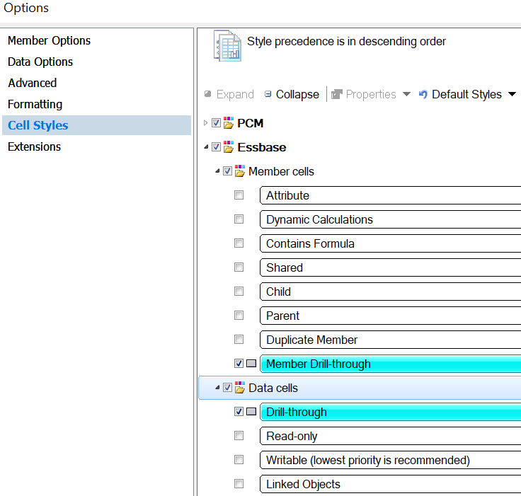 Image of the Smart View Options dialog box, with Cell Styles selected and a blue background defined for Member drill-through (under Essbase) and Drill-through (under Data cells).