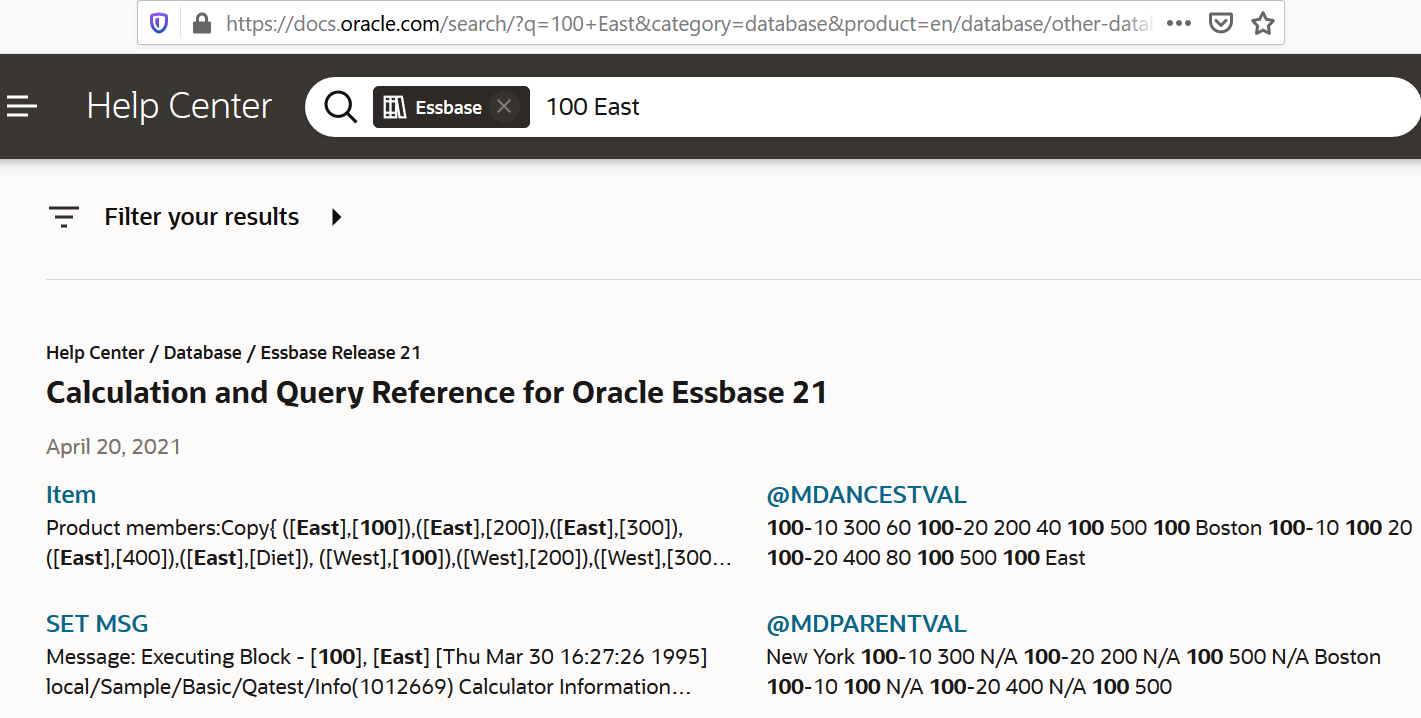 Image of URL drill through results, showing Oracle Help Center with search results for Essbase and 100 and East.