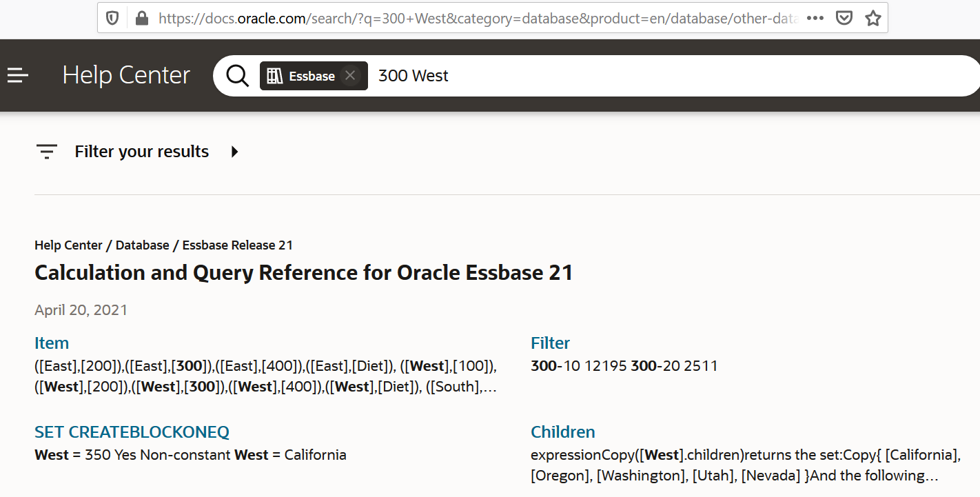 Image of URL drill through search results on the Oracle Help Center at Essbase, 300 and West.