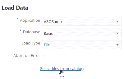 Load Data job for application ASOSamp with database Basic. Load type is File, and the dialog has a link to select files from the catalog.