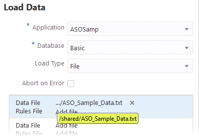 Load Data job for application ASOSamp with database Basic. Load type is a File, and the data file specification is to /shared/ASO_Sample_Data.txt.