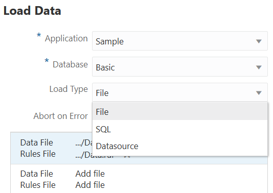 Image of the Load Data dialog box, in Jobs, with Load Type of File selected, and a rule file and data file selected.