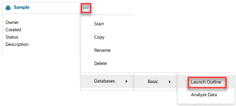 Image showing the Actions menu for an application on the applications page, with Database > database_name > Launch Outline selected.