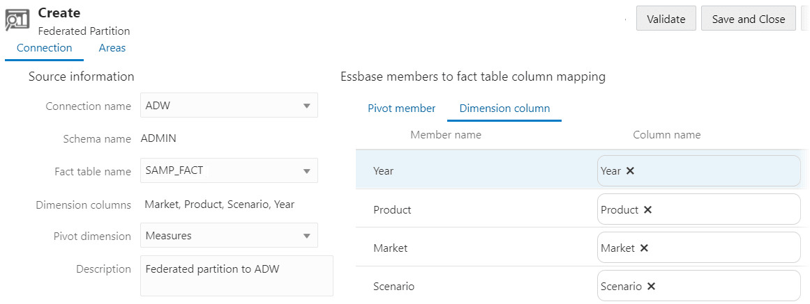 Federated partition definition with dimension column mapping shown in Essbase web interface