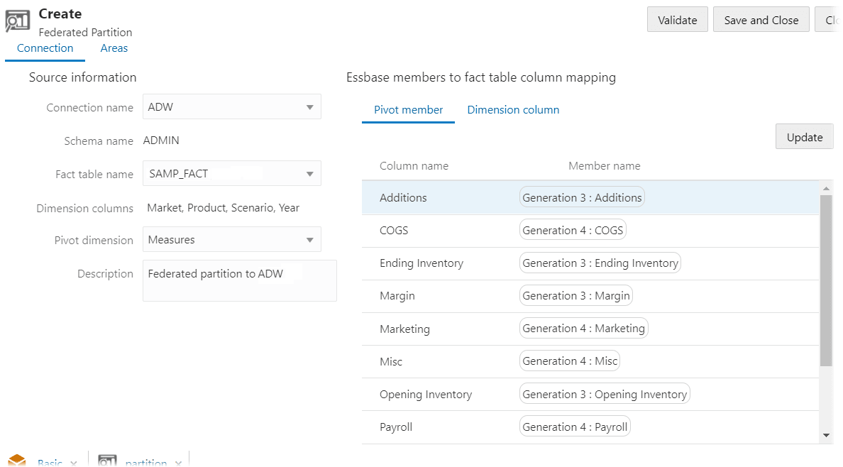 Federated partition definition with pivot member mapping shown in Essbase web interface