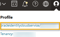 Complete user identification string displayed in OCI console, beneath Profile and above Tenancy