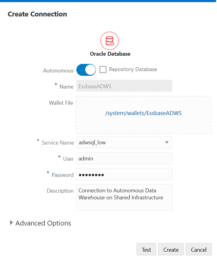 Image of the Create Connection dialog box, showing how to create a connection from Essbase to Oracle Autonomous Data Warehouse