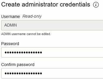 "Create administrator credentials" are with read only Username ADMIN, and two password entry fields