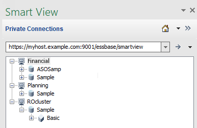 Multiple Essbase server nodes accessible under a centralized Smart View URL. The URL is https://myhost.example.com:9001/essbase/smartview. The Nodes are Financial (with applications ASOSamp and Sample nested underneath), Planning (with application Sample nested underneath), and ROcluster (with application Sample underneath, expanded to show database Basic).