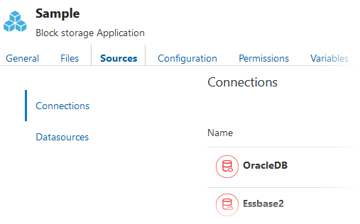Sources tab in the application inspector for application named Sample. The Connections area is showing, with two connections already created: one named OracleDB and one named Essbase2.