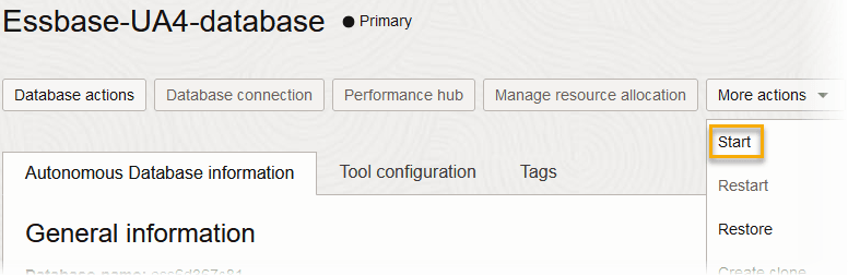 Autonomous Database with More actions menu expanded, and Start command highlighted