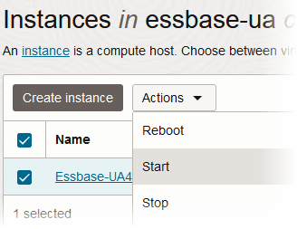 Compute Instance with Actions menu expanded, and Start command highlighted