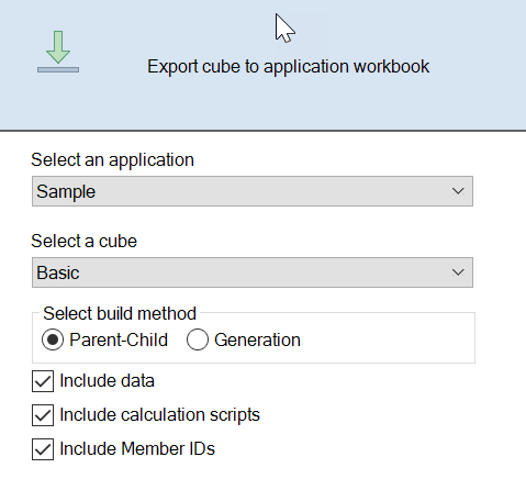 Image of the Export cube to application workbook dialog box.