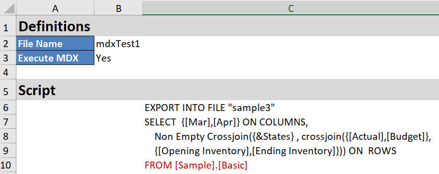 Image of an MDX Insert worksheet in an application workbook.