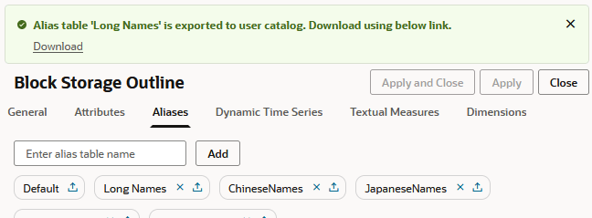 Alias table Long Names is exported to user catalog and can be downloaded using a link.