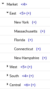 Hierarchy from the Market dimension illustrates how eastern US cities roll up to region East, and all the regions (East, West, South, and Central) roll up to Market.