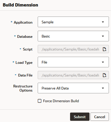Build Dimension dialog, from Jobs. Application: Sample, Database: Basic, Script: /applications/Sample/Basic/loadaliases.rul, Load Type: File, Data File: /applications/Sample/Basic/loadaliases.txt, Restructure Options: Preserve All Data.