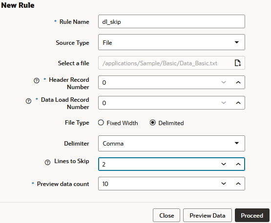 New Rule dialog box for a data load, with Lines to Skip value set to 2 and Preview data count value set to 10