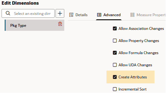 Create Attributes option is highlighted in a dimension build rule's advanced dimension properties Create Attributes option is highlighted in a dimension build rule's advanced dimension properties