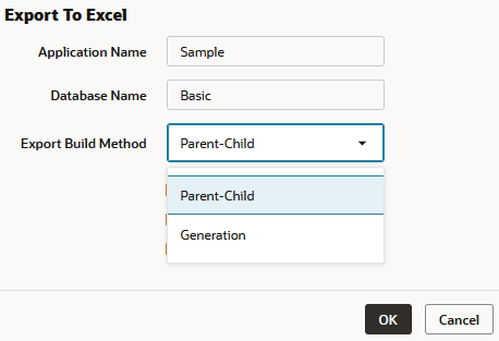 Export To Excel dialog with Export Build Method options of Parent-Child or Generation