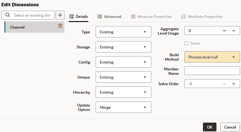 Edit Dimensions window in the dimension build rule editor, with Process level null selected.