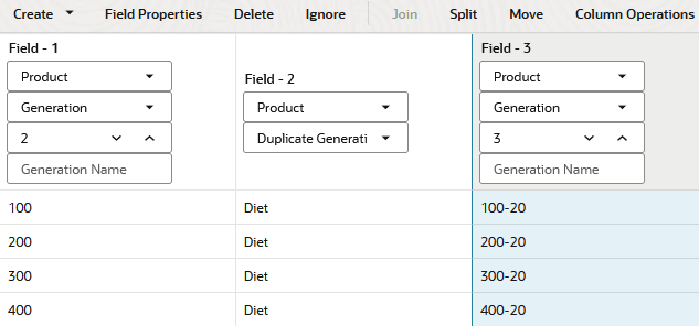 Dimension build rule creating shared member parents at the same generation by using the generation references build method. Field 1 is defined as Product, Generation, 2, and contains fields 100, 200, 300, and 400. Field 2 is defined as Product, Duplicate Generation, and contains fields Diet, Diet, Diet, and Diet. Field 3 is defined as Product, Generation, 3, and contains fields 100-20, 200-20, 300-20, and 400-20. Dimension build rule creating shared member parents at the same generation by using the generation references build method. Field 1 is defined as Product, Generation, 2, and contains fields 100, 200, 300, and 400. Field 2 is defined as Product, Duplicate Generation, and contains fields Diet, Diet, Diet, and Diet. Field 3 is defined as Product, Generation, 3, and contains fields 100-20, 200-20, 300-20, and 400-20.