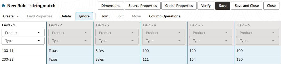 Completed new rule named stringmatch, designed for adding members as siblings to those with closely matching names. Field metadata for fields 1-6 contain Product for the dimension, with the Type left blank. Records are populated below the fields. Fields 2-6 are marked to be ignored during the dimension build.