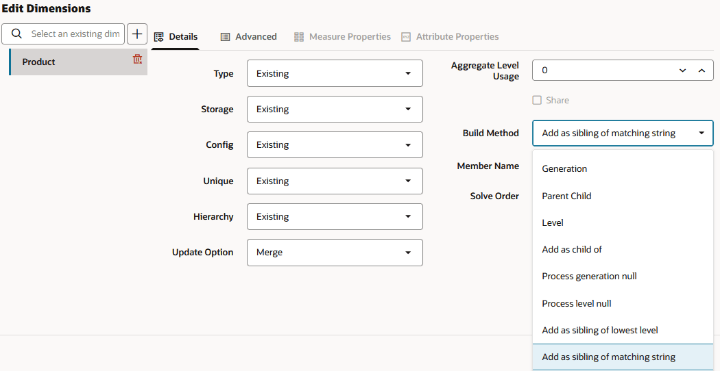 Image of the Edit Dimensions dialog in the dimension build rule editor, showing the Add as a sibling of matching string build method selected. All other options are left with the defaults.